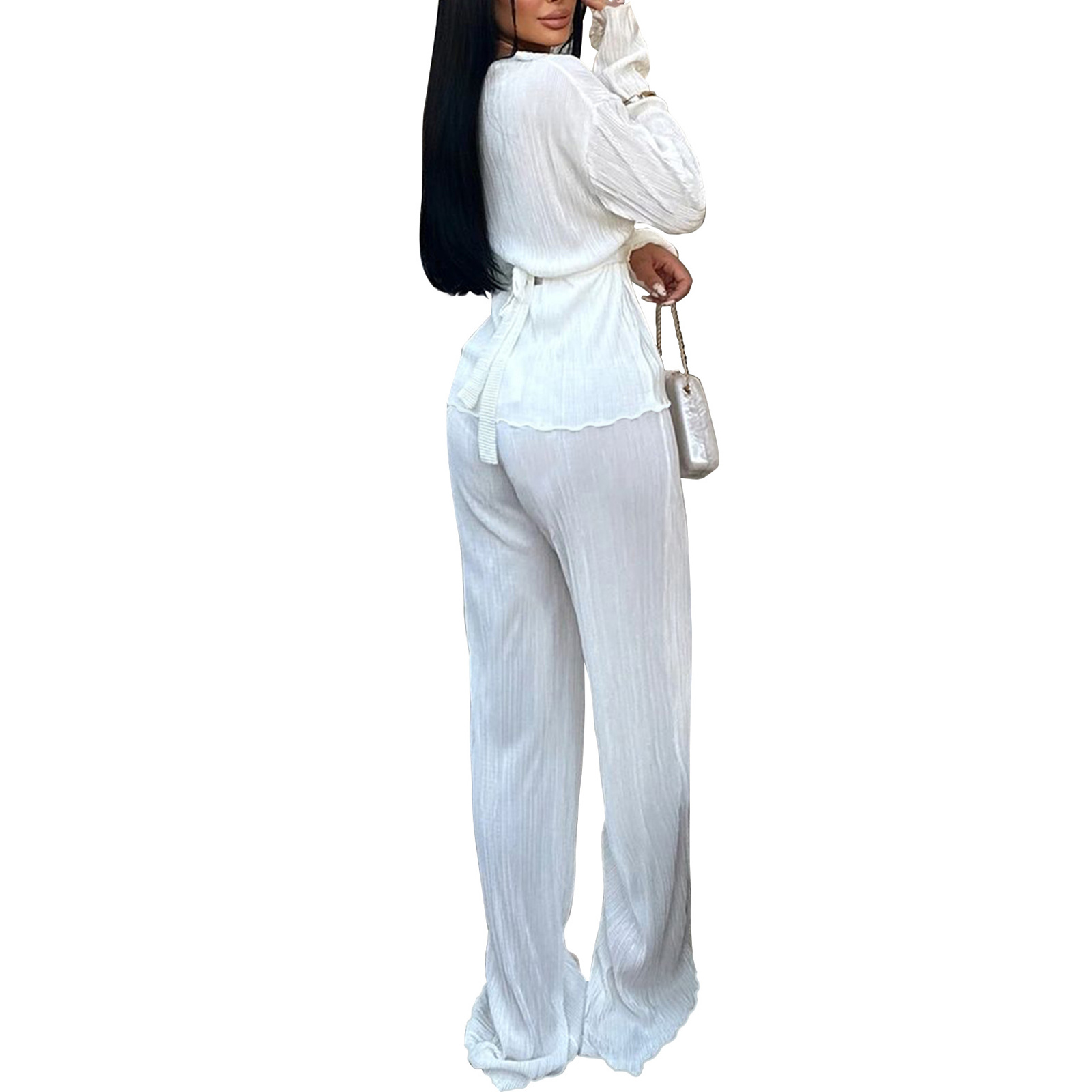 Women's Two Piece Sets Long Sleeve Pleated Open Front Shirt with Belt Flare Wide Leg Pants Sets Streetwear view 5