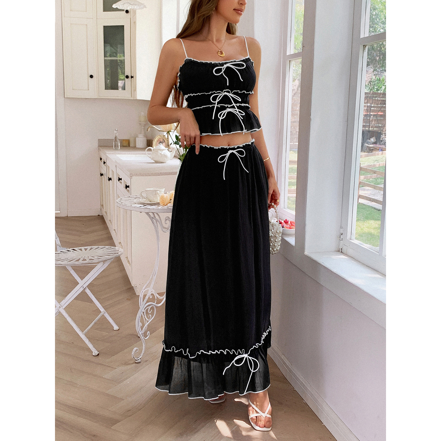 HANMAX Women's Summer Two Piece Outfit Sleeveless Cropped Top Elastic Waisted Maxi Skirt Sets view 3