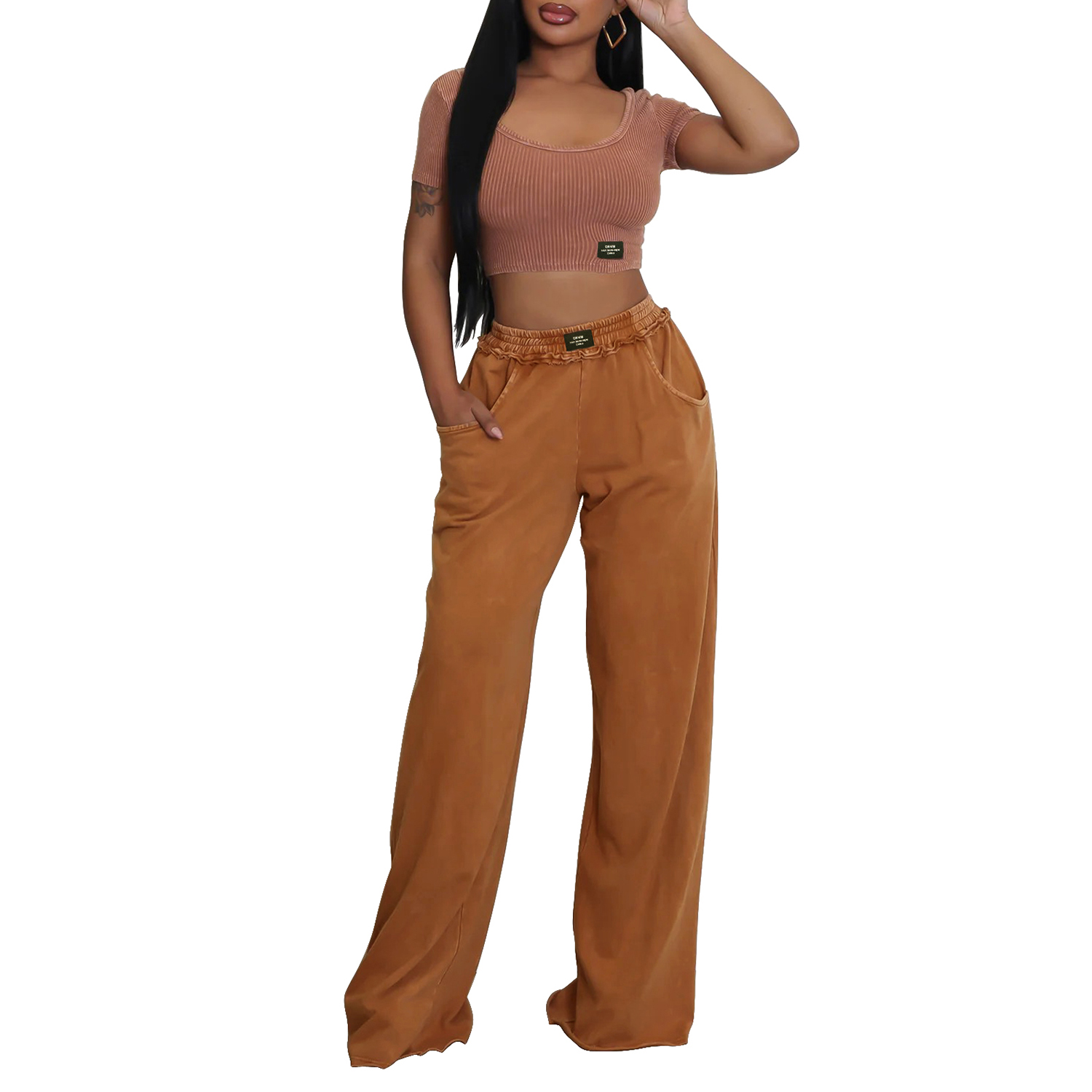 Women's 2 Piece Outfits Short Sleeve Crop Tops Wide Leg Pants Sets Tracksuits Summer Lounge Sets view 4