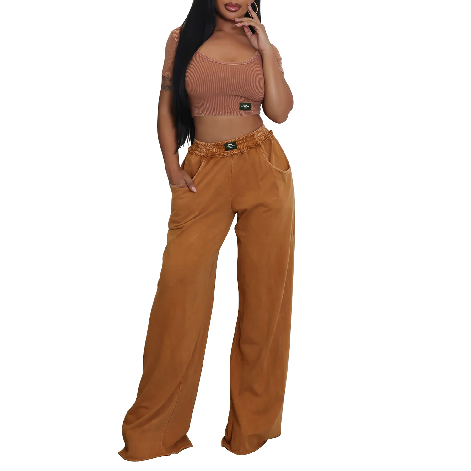 Women's 2 Piece Outfits Short Sleeve Crop Tops Wide Leg Pants Sets Tracksuits Summer Lounge Sets view 7