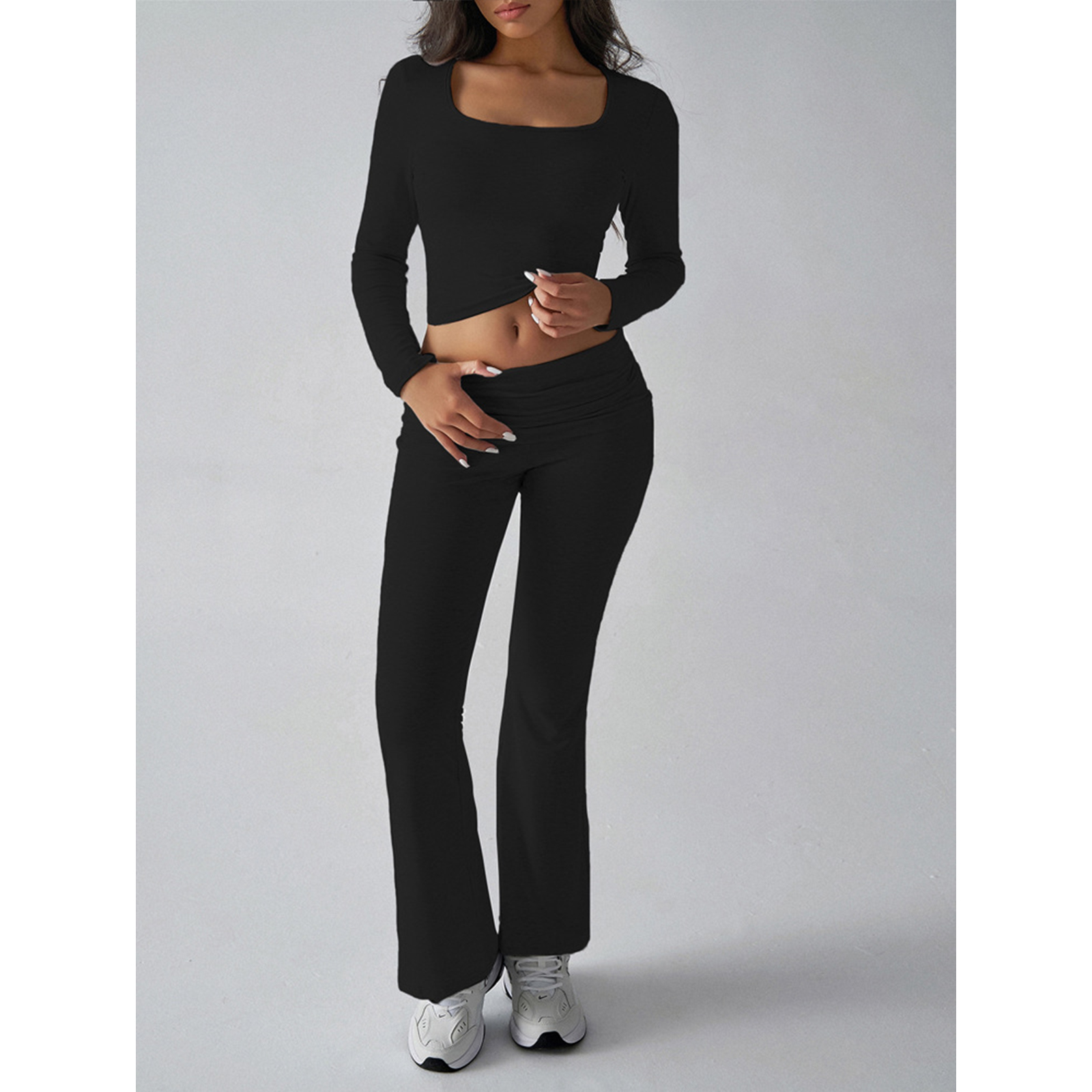 Womens 2 Piece Outfits Foldover Flare Pants Long Sleeve Crew Neck T-shirt Fitted Tracksuit Sets view 5