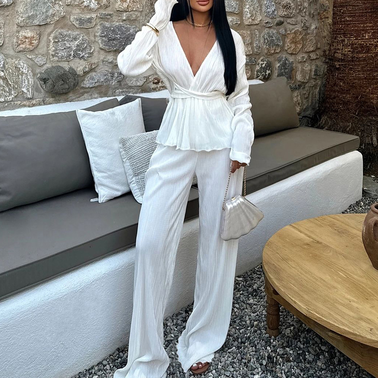 Women's Two Piece Sets Long Sleeve Pleated Open Front Shirt with Belt Flare Wide Leg Pants Sets Streetwear view 6