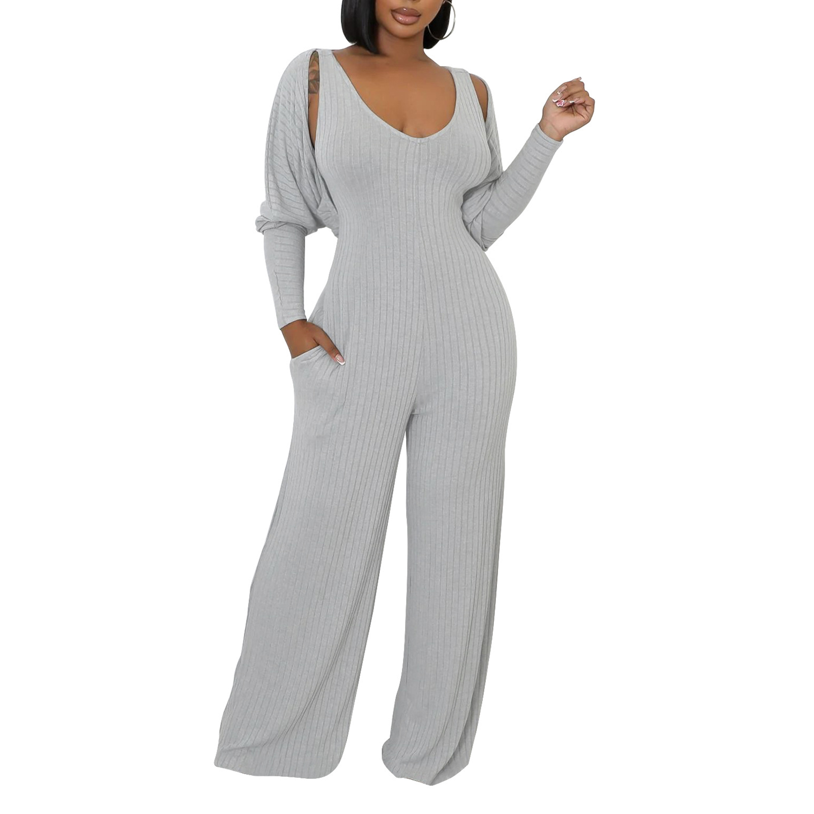 Women's 2 Piece Outfits Long Sleeve Crop Cardigan Wide Leg Pants Jumpsuits Tracksuits Set view 2