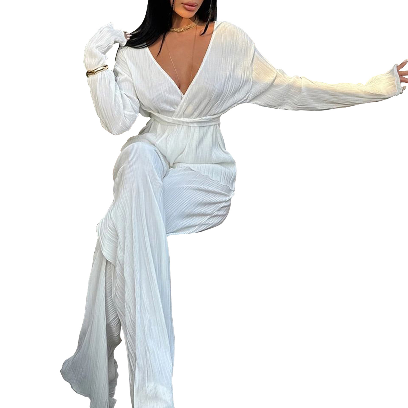 Women's Two Piece Sets Long Sleeve Pleated Open Front Shirt with Belt Flare Wide Leg Pants Sets Streetwear view 4