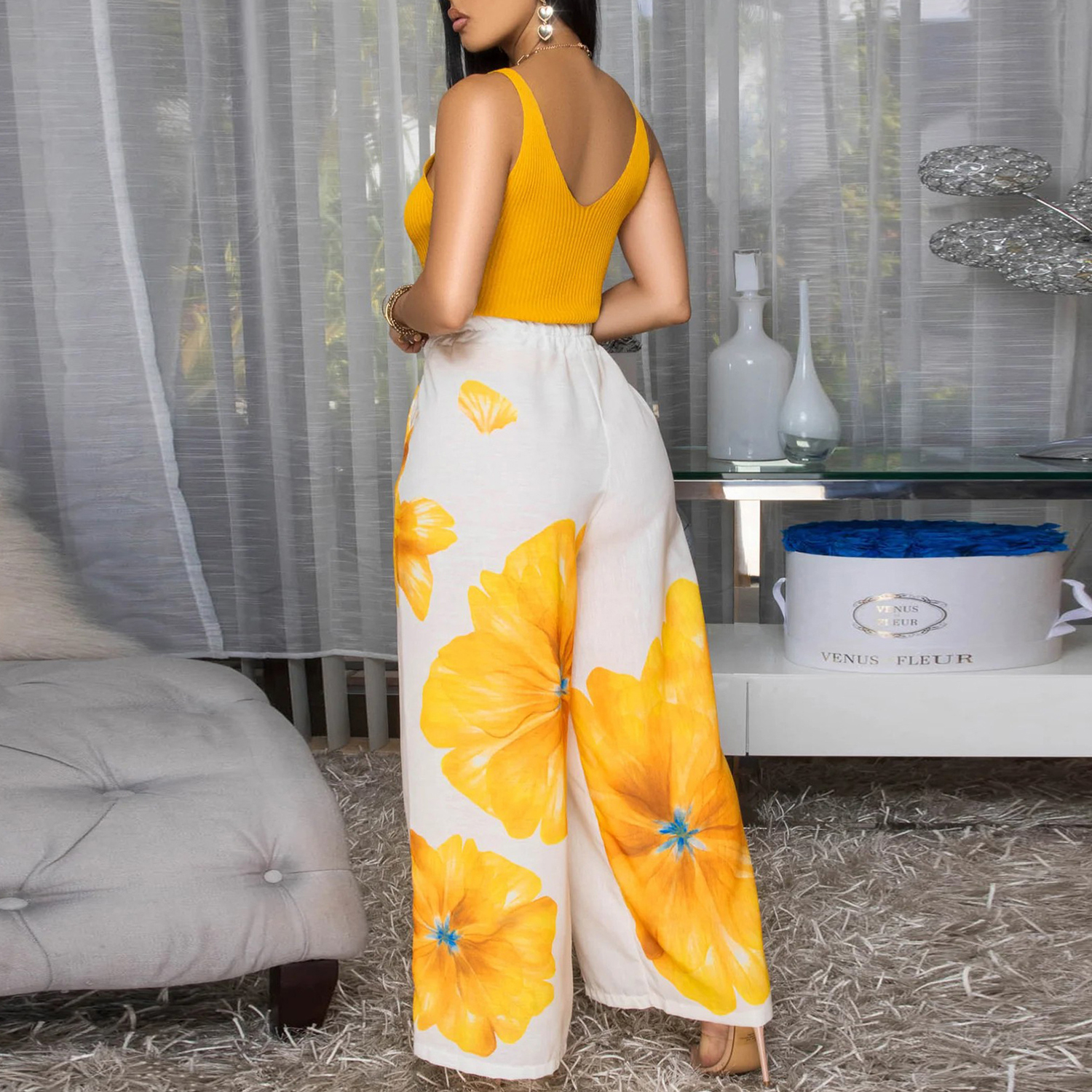 Women's Summer Floral Print Elastic High Waist Wide Leg Pants Loose Trousers with Pockets view 5
