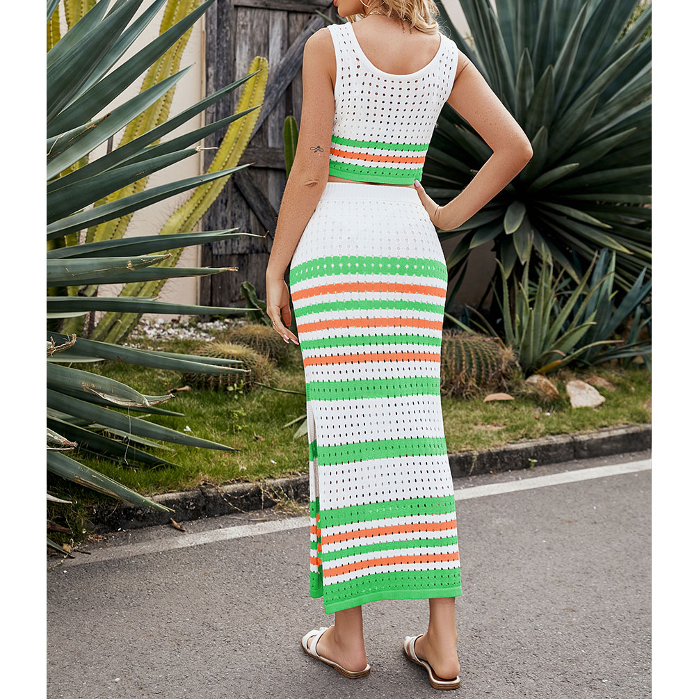 Womens 2 Piece Crochet Swimsuits Coverup Stripes Hollow Out Knit Swim Cover up Bathing Suit Side Slit Dress view 2