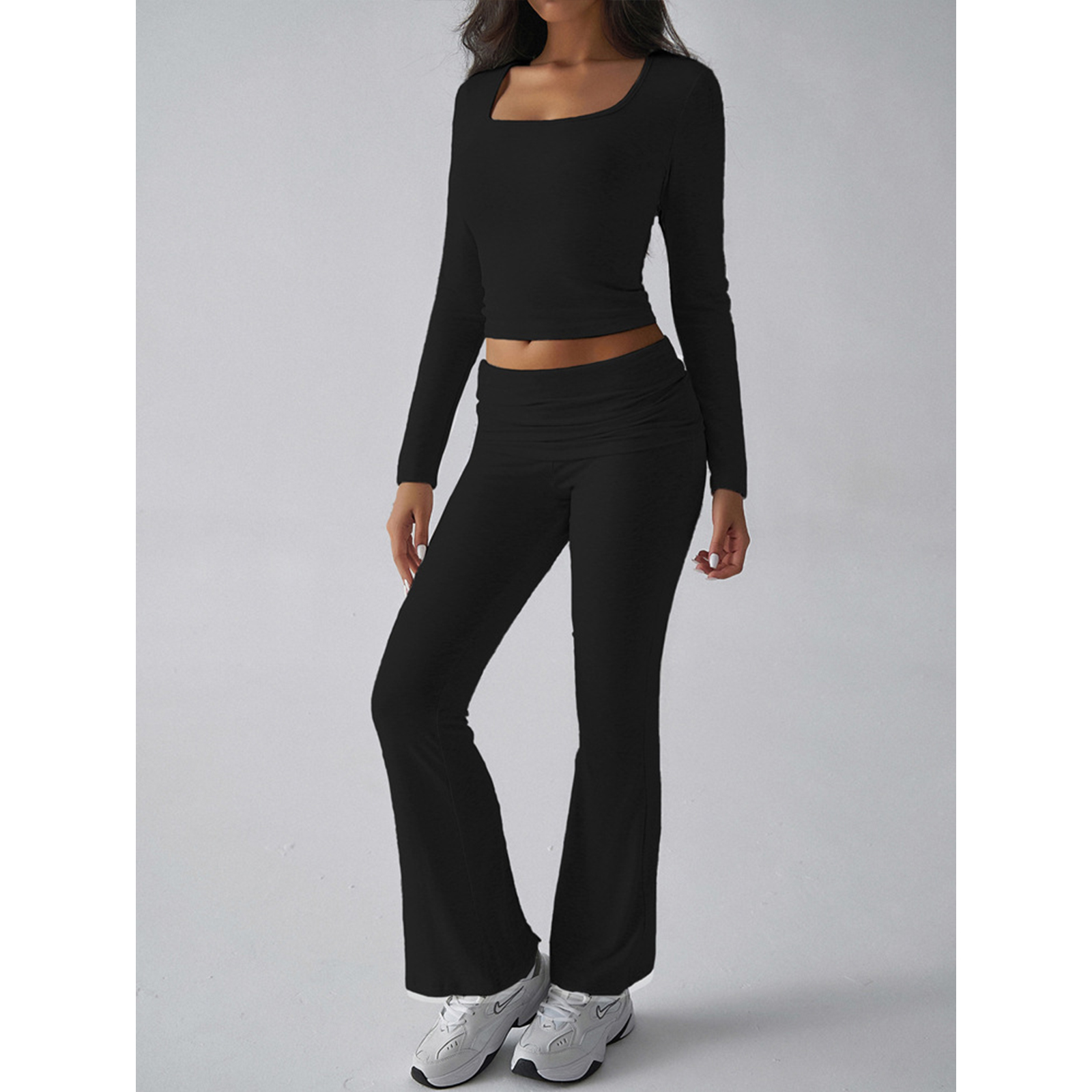 Womens 2 Piece Outfits Foldover Flare Pants Long Sleeve Crew Neck T-shirt Fitted Tracksuit Sets view 4