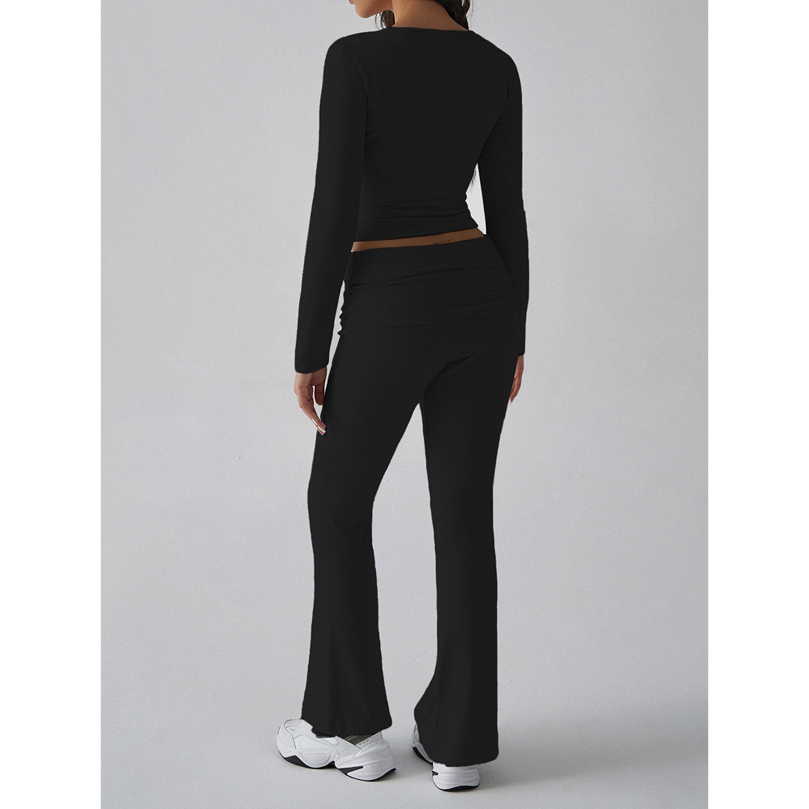 Womens 2 Piece Outfits Foldover Flare Pants Long Sleeve Crew Neck T-shirt Fitted Tracksuit Sets view 2