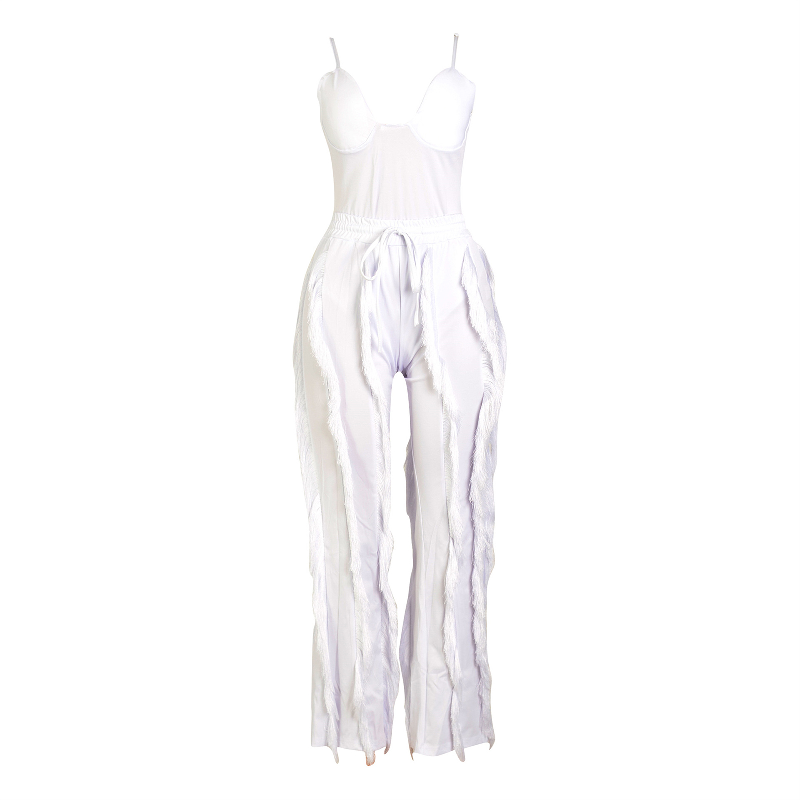 Women 2 Piece Outfits Fringe Tassel Long Pants Set Adjustable Spaghetti Strap Bodysuit Clubwear Matching Sets view 5