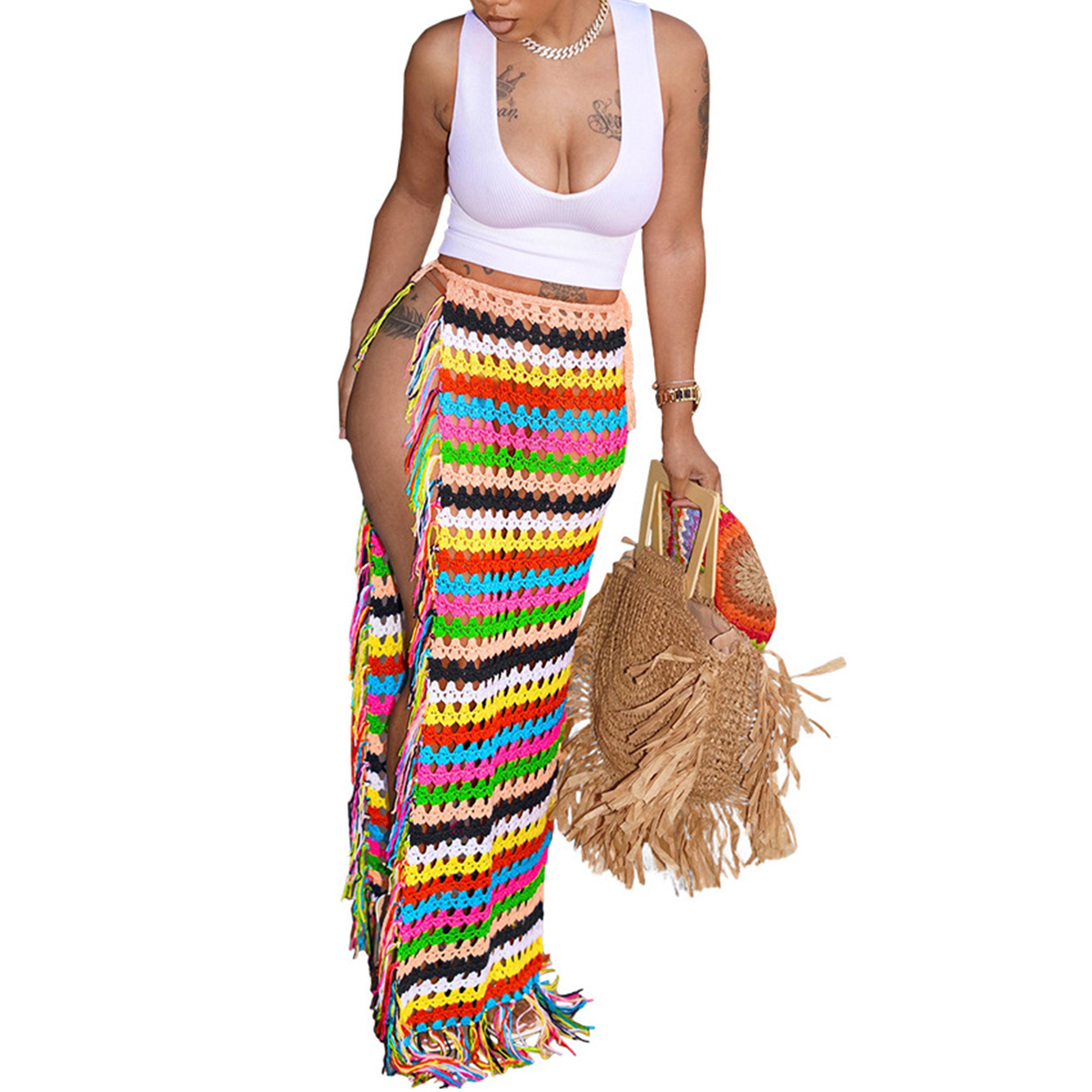 Women's Crochet Cover Up Skirts High Waist Split Knit Tie Up Hollow Out Beach Cover Up Swimwear view 2