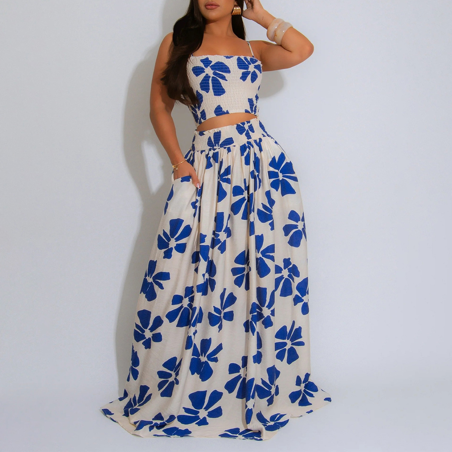 HANMAX Two Piece Sets for Women Summer Floral Beach Outfit Casual Sleeveless Cropped Tank Top High Waisted Maxi Skirt Set view 4