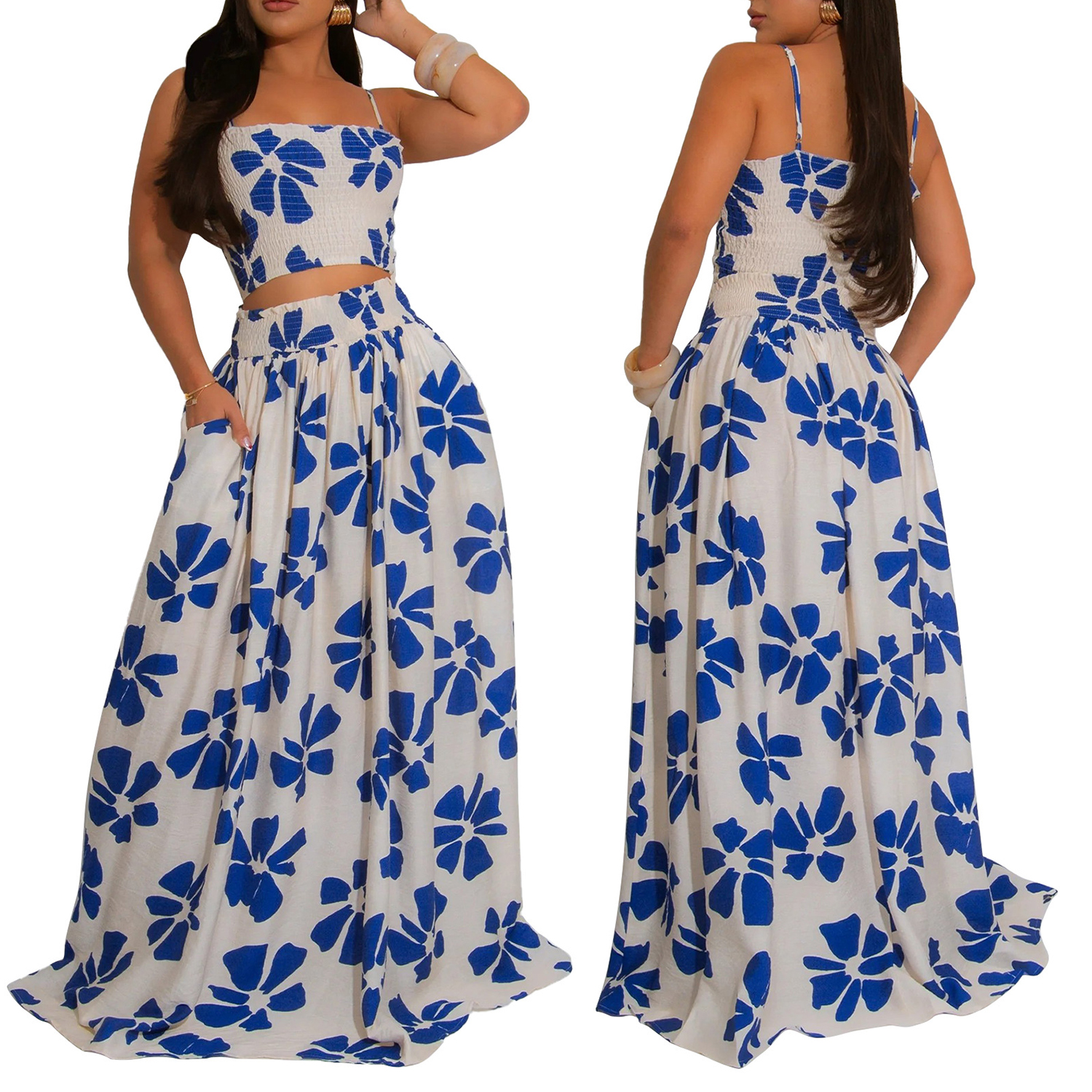 HANMAX Two Piece Sets for Women Summer Floral Beach Outfit Casual Sleeveless Cropped Tank Top High Waisted Maxi Skirt Set view 7