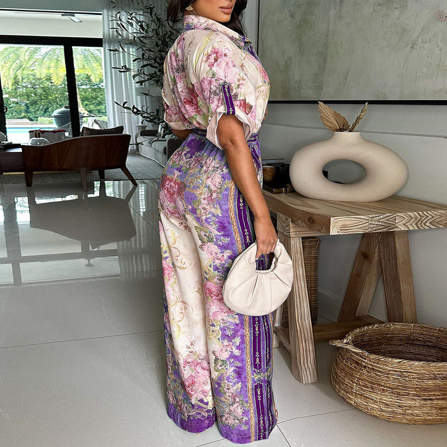 Women‘s Elegant Retro Jumpsuits Casual Short Sleeve Floral Print Wide Straight Pants Rompers Club Outfits view 5