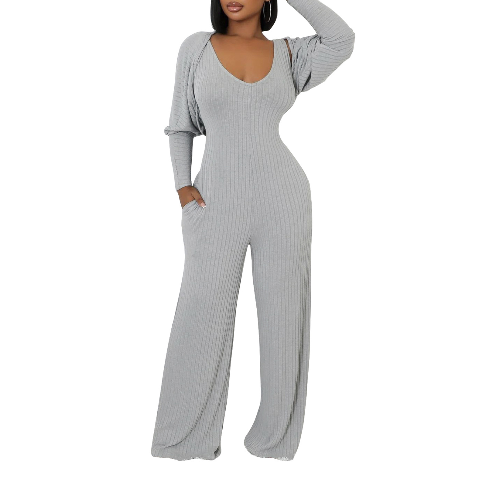 Women's 2 Piece Outfits Long Sleeve Crop Cardigan Wide Leg Pants Jumpsuits Tracksuits Set view 7