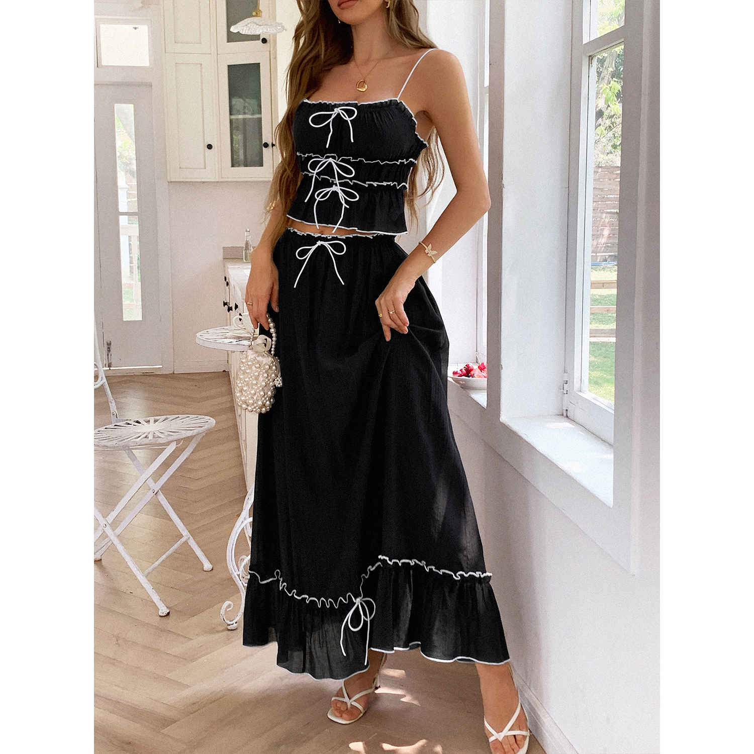 HANMAX Women's Summer Two Piece Outfit Sleeveless Cropped Top Elastic Waisted Maxi Skirt Sets view 2