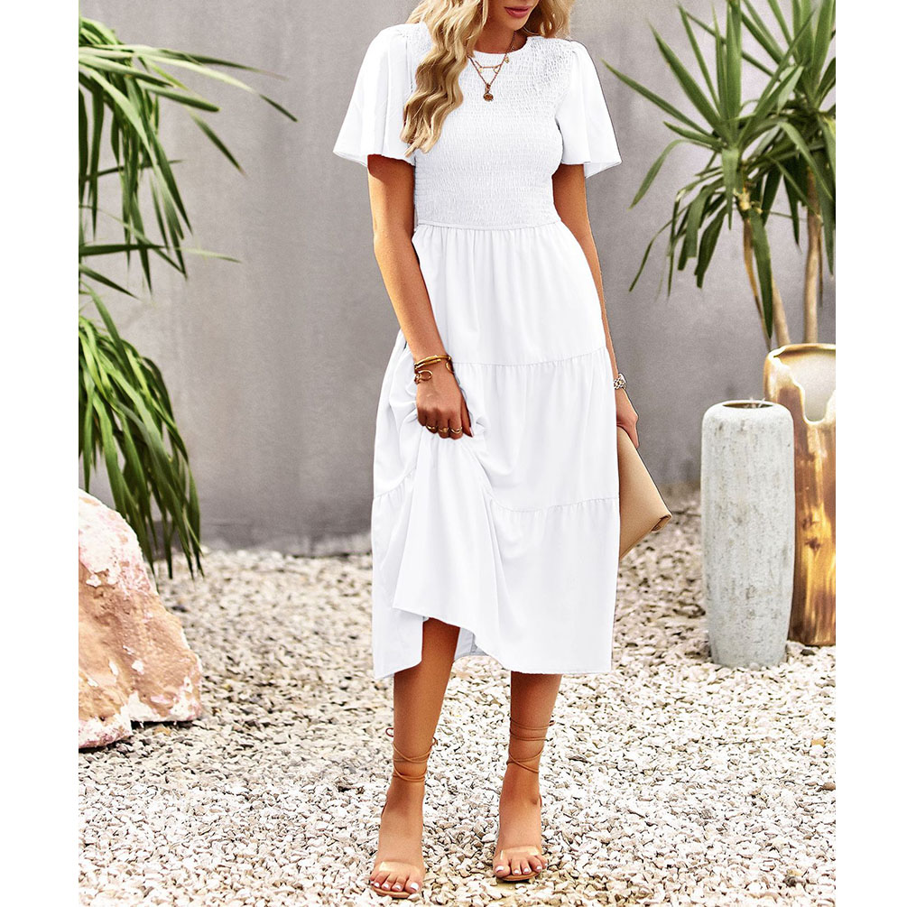 Women's Summer Flutter Short Sleeve Smocked Midi Dress Summer Casual Tiered A-Line Dress view 6