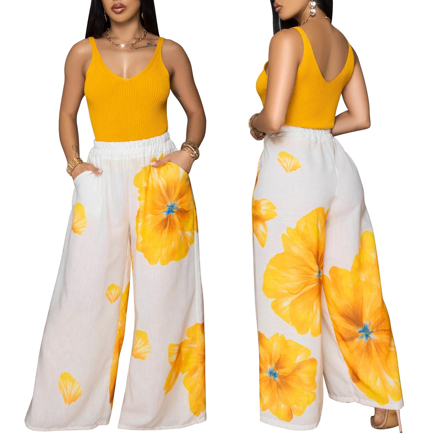 Women's Summer Floral Print Elastic High Waist Wide Leg Pants Loose Trousers with Pockets view 7