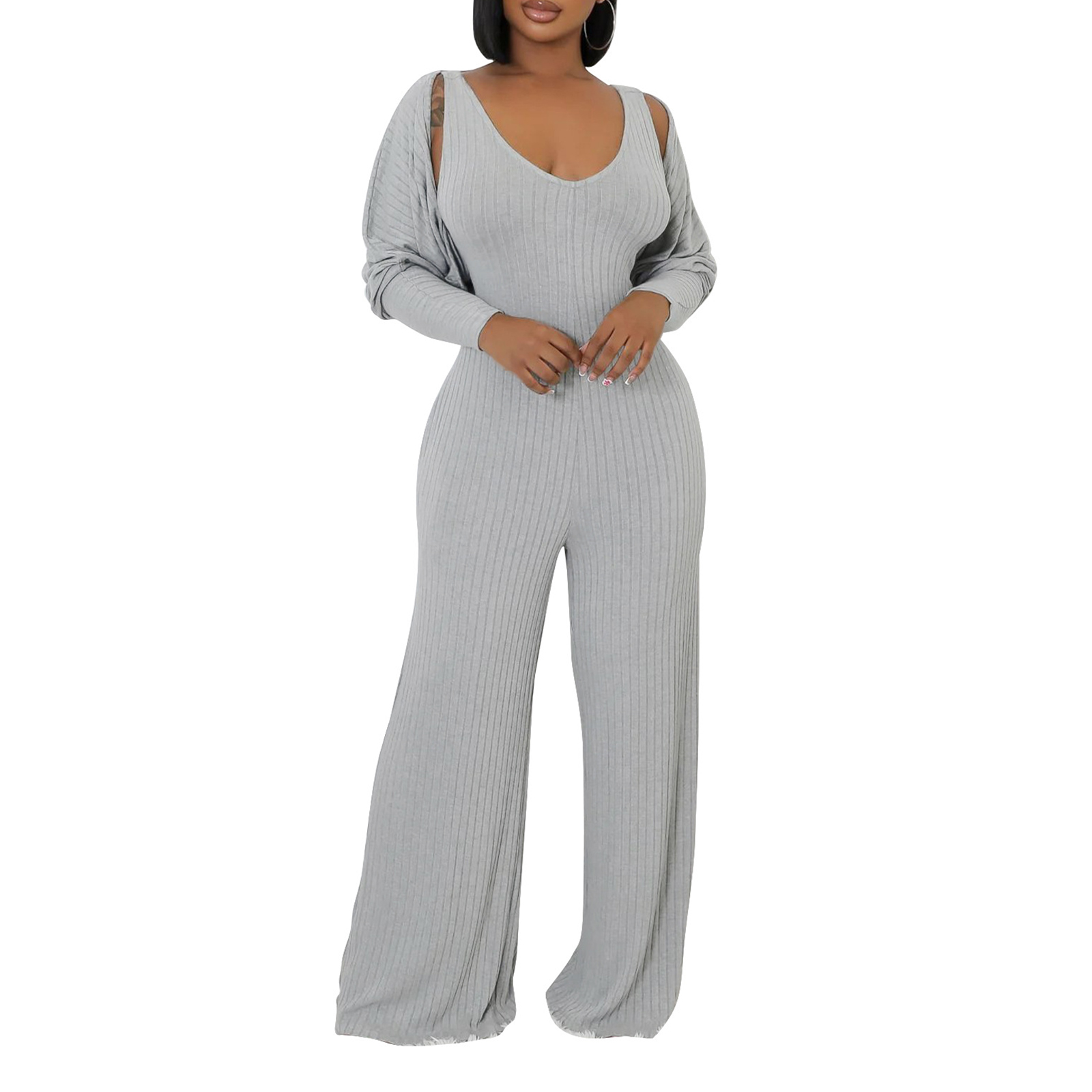 Women's 2 Piece Outfits Long Sleeve Crop Cardigan Wide Leg Pants Jumpsuits Tracksuits Set view 4