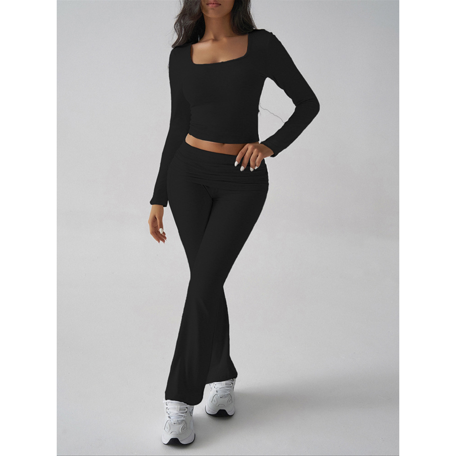Womens 2 Piece Outfits Foldover Flare Pants Long Sleeve Crew Neck T-shirt Fitted Tracksuit Sets view 3
