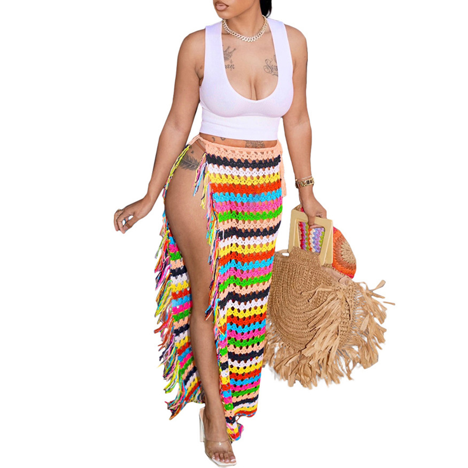Women's Crochet Cover Up Skirts High Waist Split Knit Tie Up Hollow Out Beach Cover Up Swimwear view 4