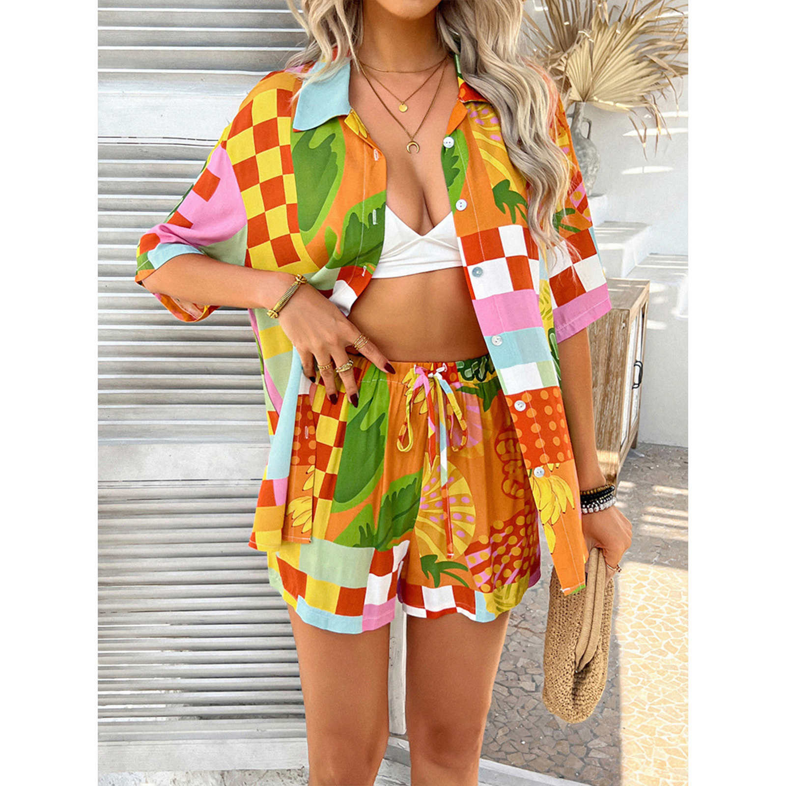 Women's Summer 2 Piece Beach Outfits Printed Short Sleeve Shirts Lounge Shorts Casual Tracksuit Set view 3