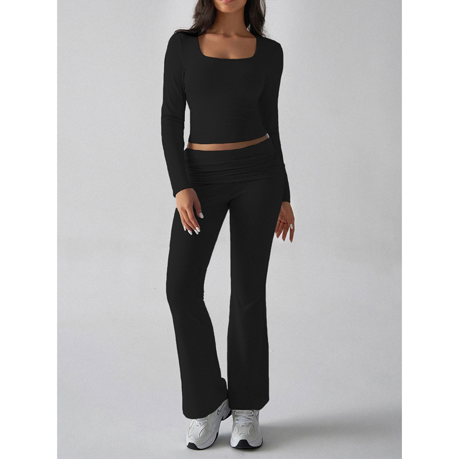 Womens 2 Piece Outfits Foldover Flare Pants Long Sleeve Crew Neck T-shirt Fitted Tracksuit Sets view 6