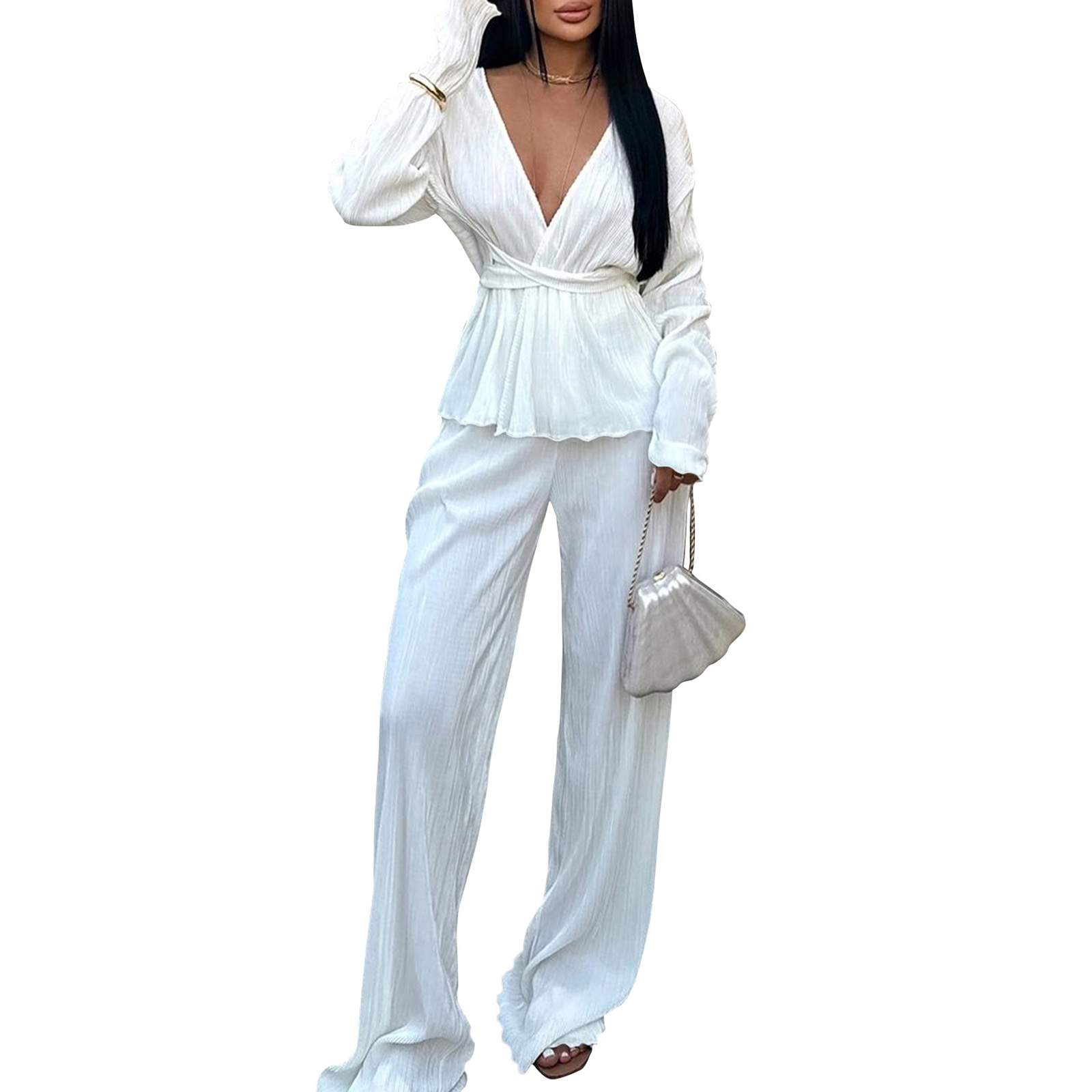 Women's Two Piece Sets Long Sleeve Pleated Open Front Shirt with Belt Flare Wide Leg Pants Sets Streetwear view 3