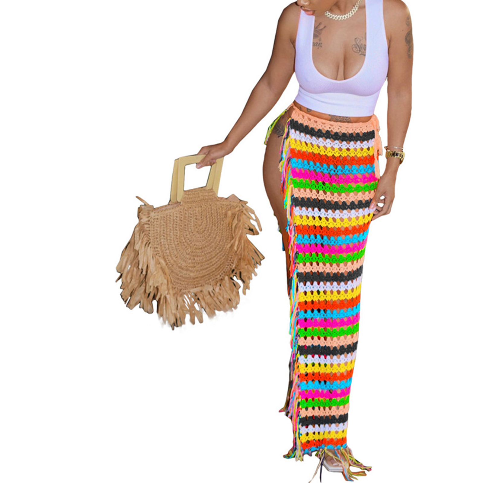 Women's Crochet Cover Up Skirts High Waist Split Knit Tie Up Hollow Out Beach Cover Up Swimwear view 6