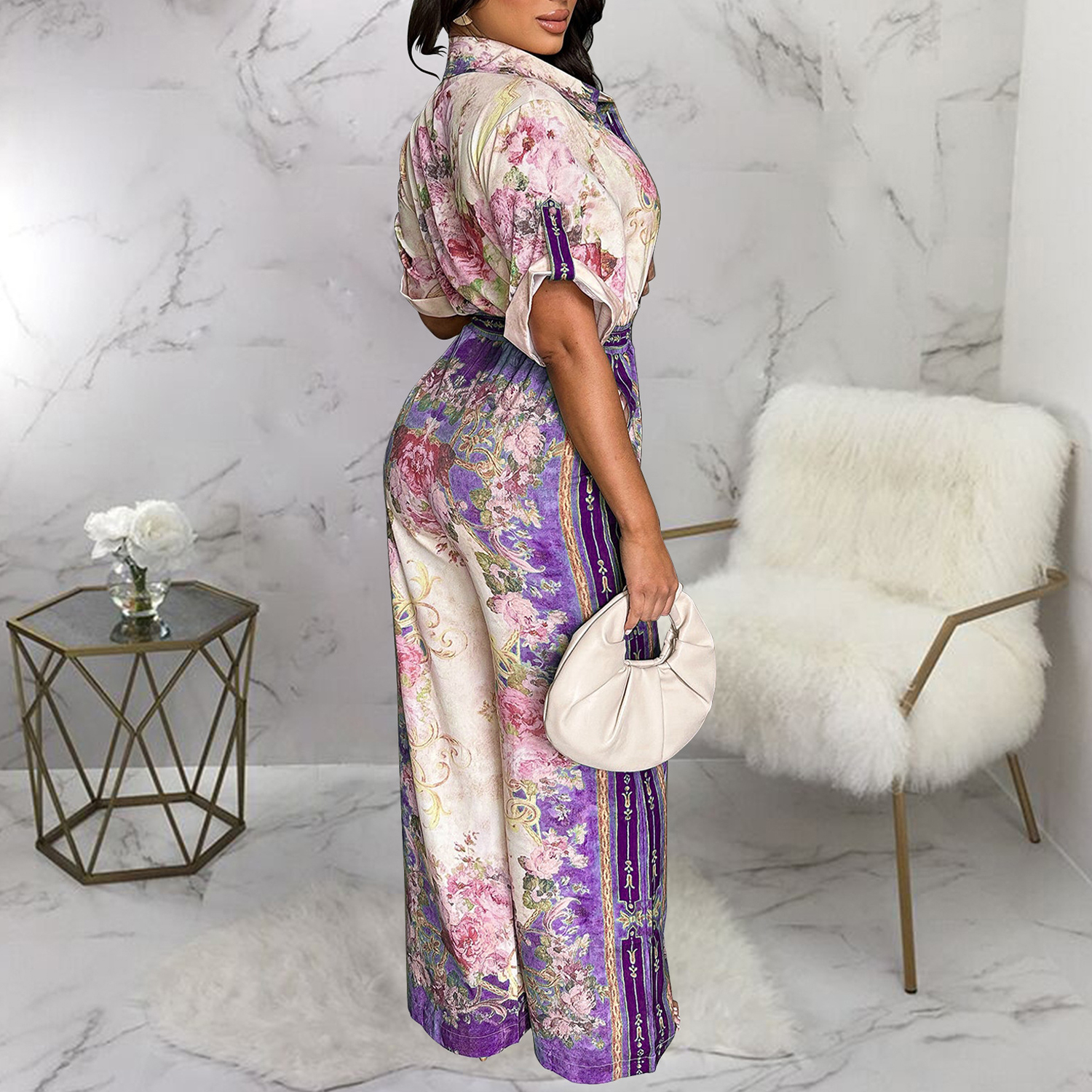 Women‘s Elegant Retro Jumpsuits Casual Short Sleeve Floral Print Wide Straight Pants Rompers Club Outfits view 4