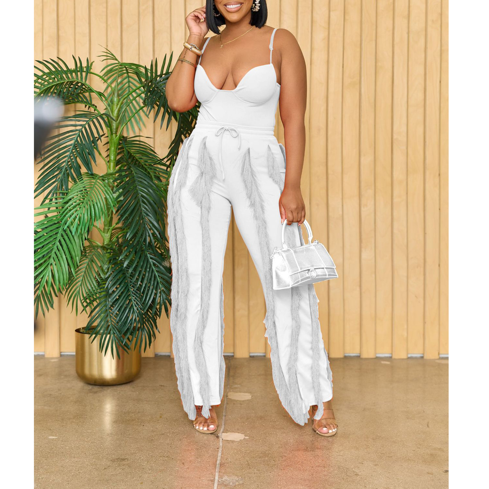 Women 2 Piece Outfits Fringe Tassel Long Pants Set Adjustable Spaghetti Strap Bodysuit Clubwear Matching Sets view 2