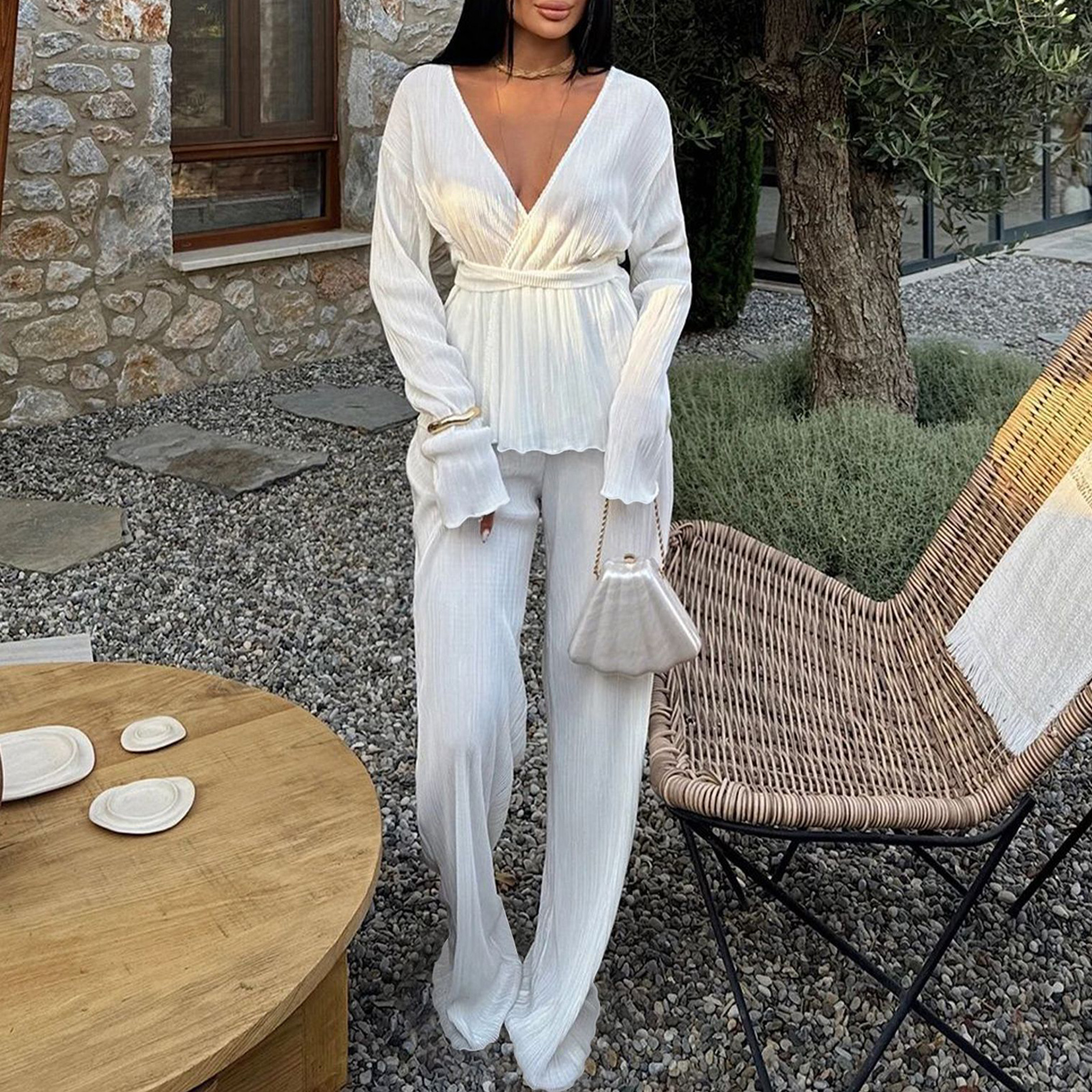 Women's Two Piece Sets Long Sleeve Pleated Open Front Shirt with Belt Flare Wide Leg Pants Sets Streetwear view 7