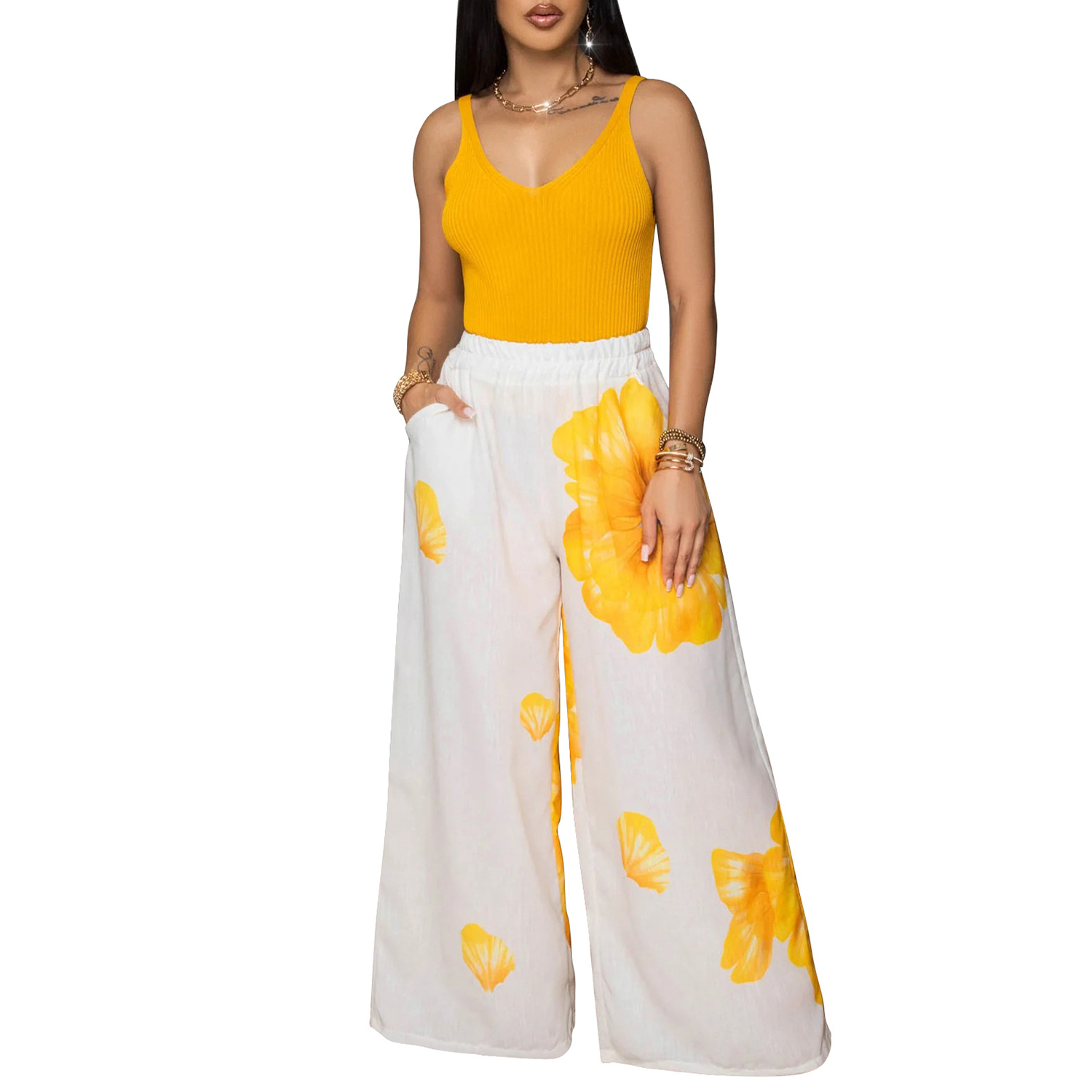 Women's Summer Floral Print Elastic High Waist Wide Leg Pants Loose Trousers with Pockets view 2