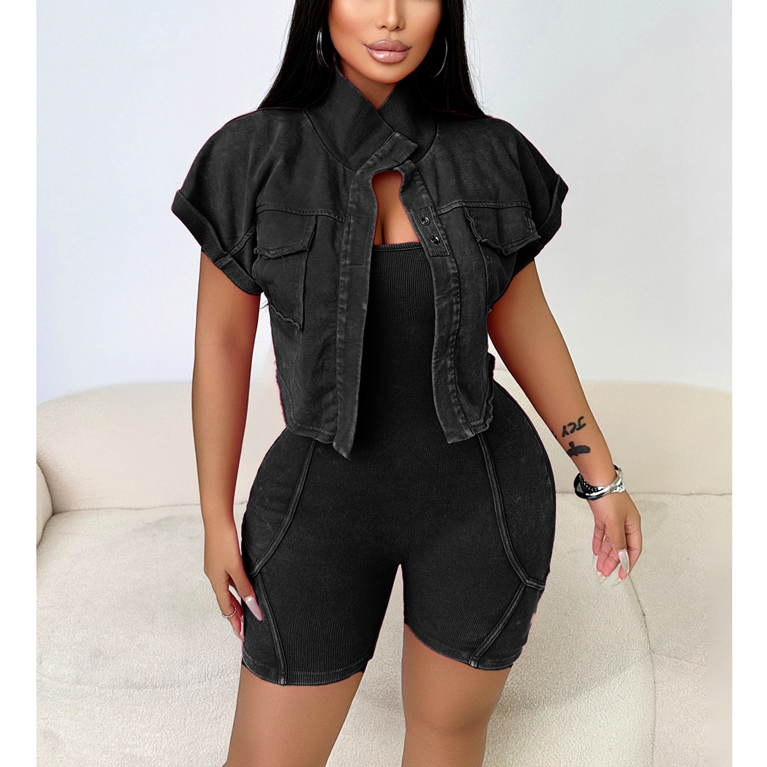 Women's Casual 2 Piece Outfits Short Sleeve Cardigan Top Bodycon Tank One Piece Jumpsuits Shorts Set view 6