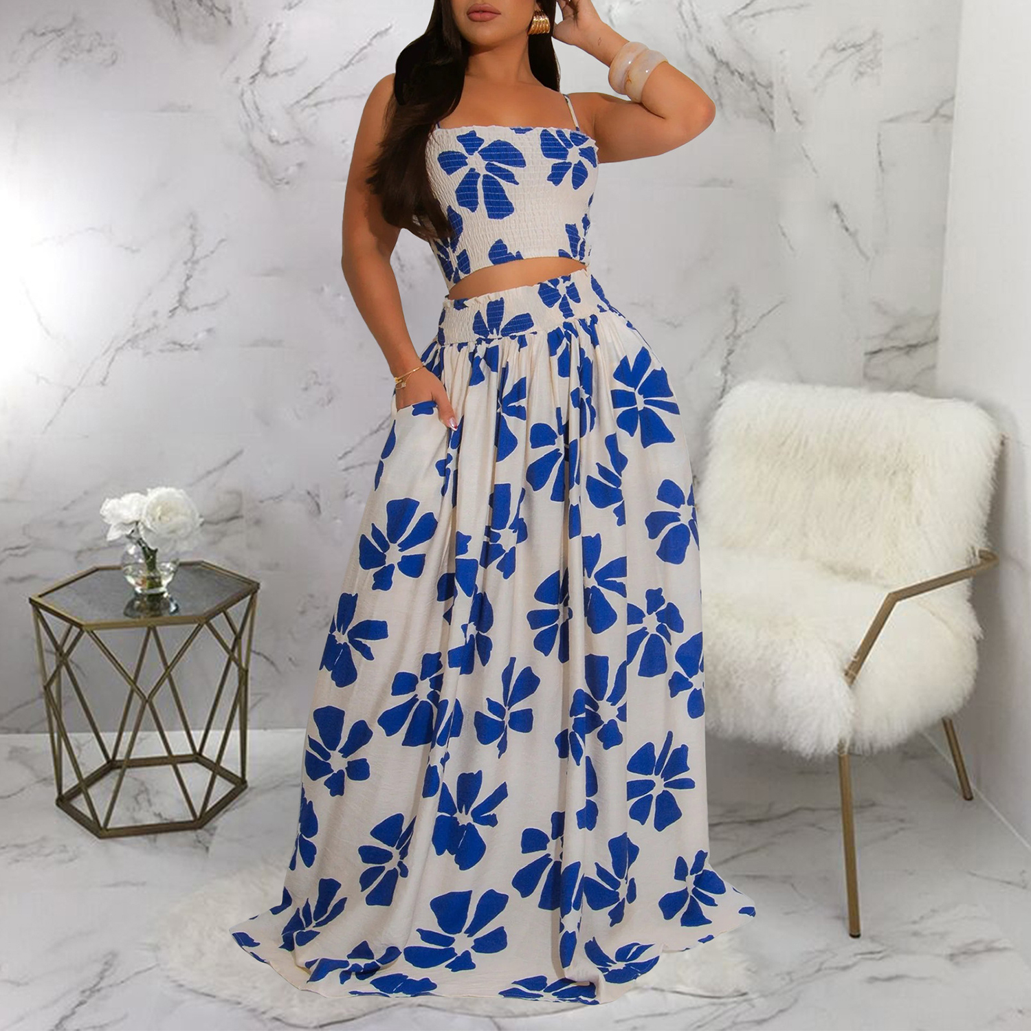 HANMAX Two Piece Sets for Women Summer Floral Beach Outfit Casual Sleeveless Cropped Tank Top High Waisted Maxi Skirt Set view 3