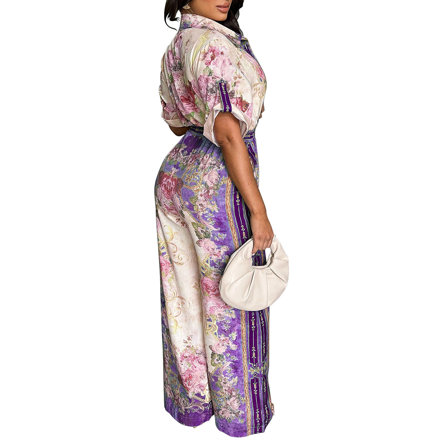 Women‘s Elegant Retro Jumpsuits Casual Short Sleeve Floral Print Wide Straight Pants Rompers Club Outfits view 2