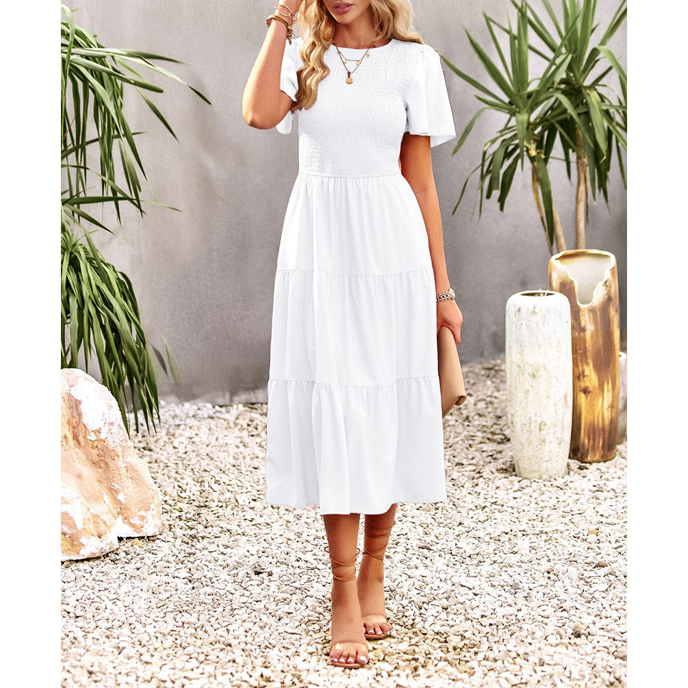 Women's Summer Flutter Short Sleeve Smocked Midi Dress Summer Casual Tiered A-Line Dress view 5