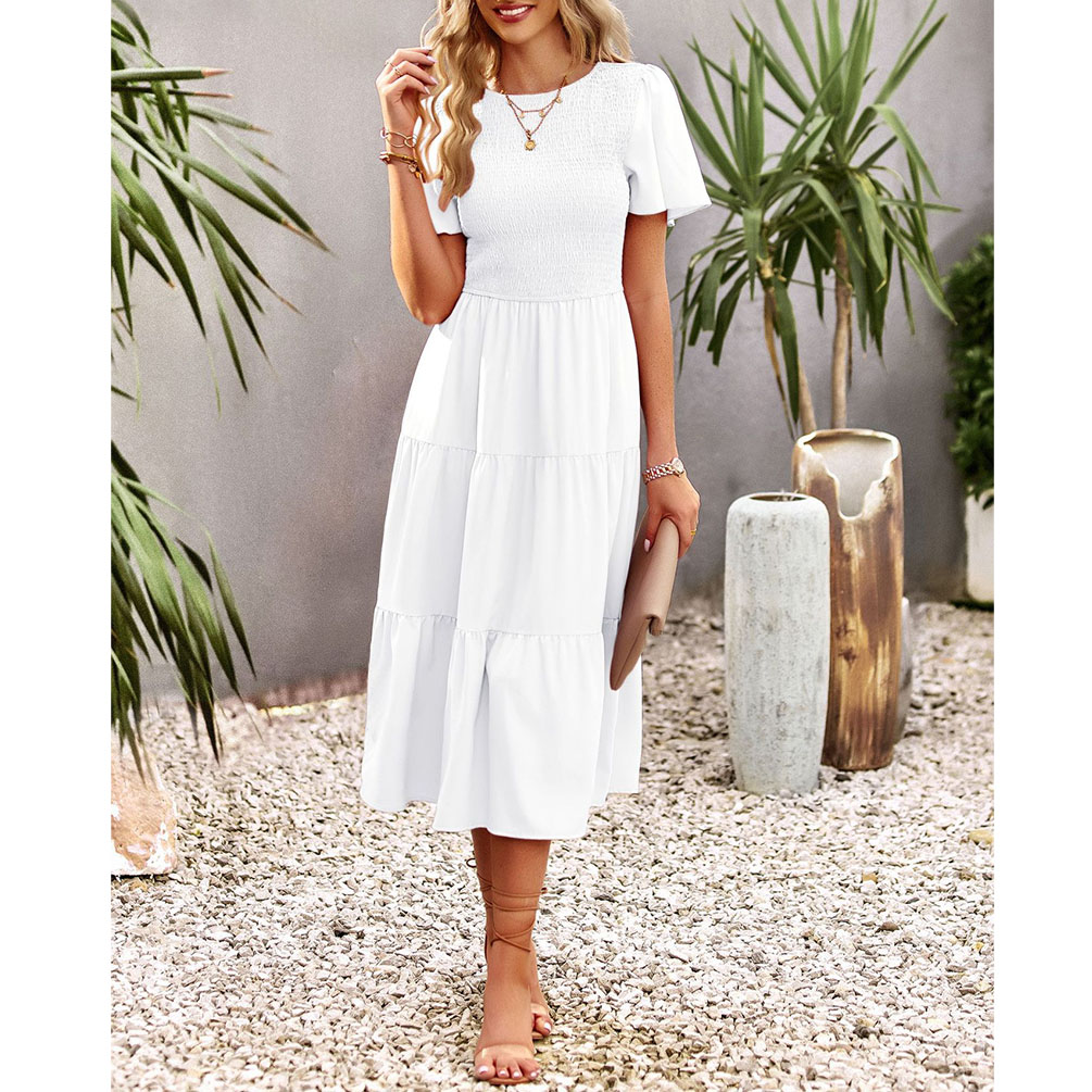 Women's Summer Flutter Short Sleeve Smocked Midi Dress Summer Casual Tiered A-Line Dress view 4