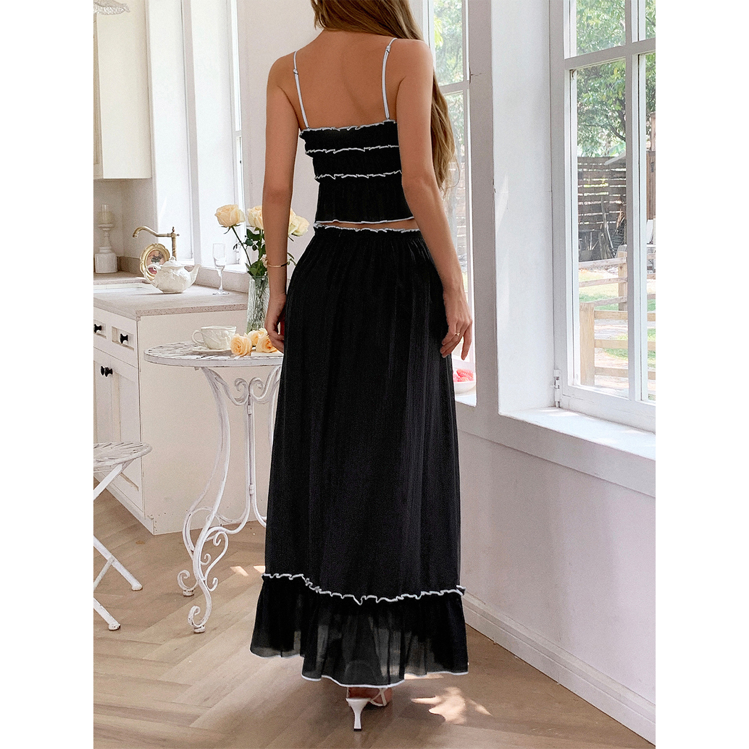 HANMAX Women's Summer Two Piece Outfit Sleeveless Cropped Top Elastic Waisted Maxi Skirt Sets view 4