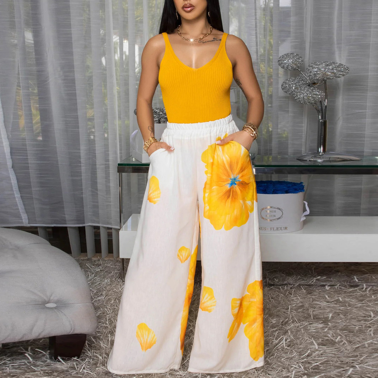 Women's Summer Floral Print Elastic High Waist Wide Leg Pants Loose Trousers with Pockets view 6