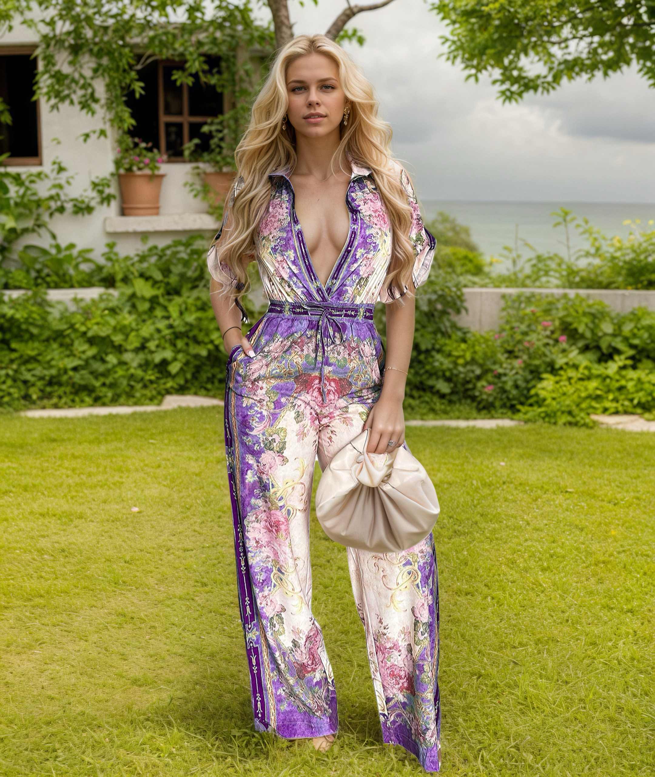 Women‘s Elegant Retro Jumpsuits Casual Short Sleeve Floral Print Wide Straight Pants Rompers Club Outfits view 9