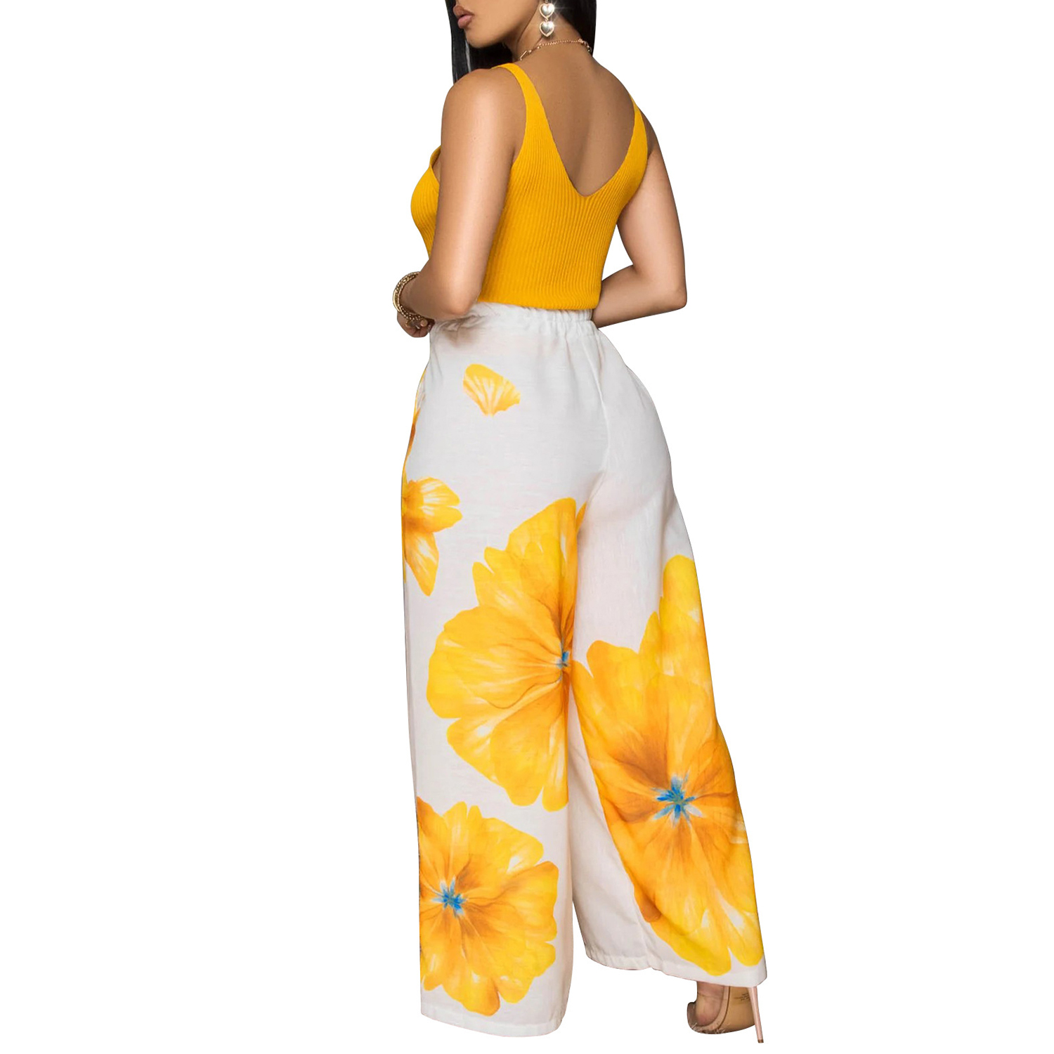 Women's Summer Floral Print Elastic High Waist Wide Leg Pants Loose Trousers with Pockets view 3