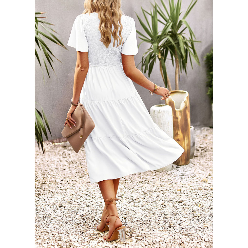 Women's Summer Flutter Short Sleeve Smocked Midi Dress Summer Casual Tiered A-Line Dress view 2