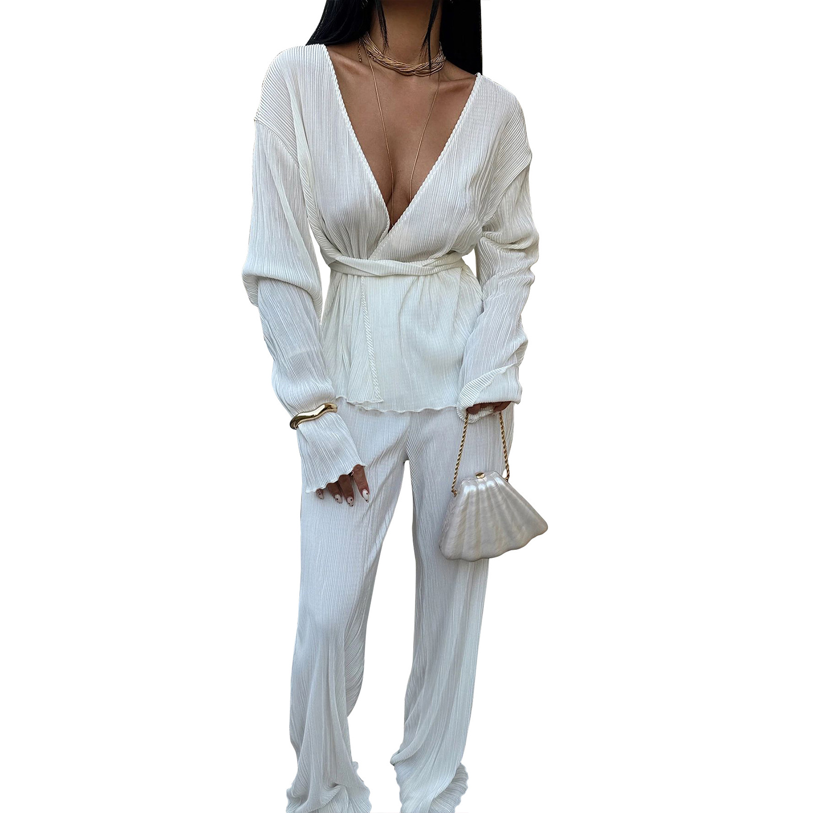Women's Two Piece Sets Long Sleeve Pleated Open Front Shirt with Belt Flare Wide Leg Pants Sets Streetwear view 2