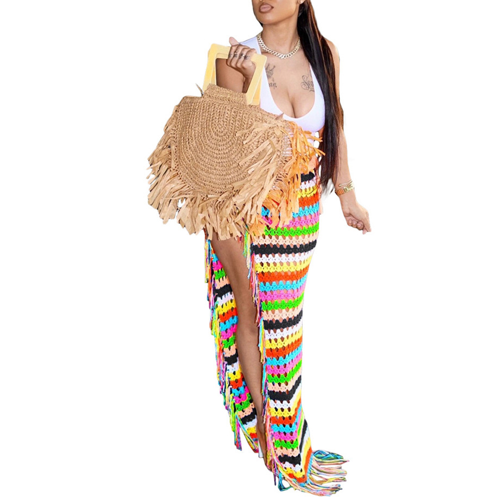 Women's Crochet Cover Up Skirts High Waist Split Knit Tie Up Hollow Out Beach Cover Up Swimwear view 3