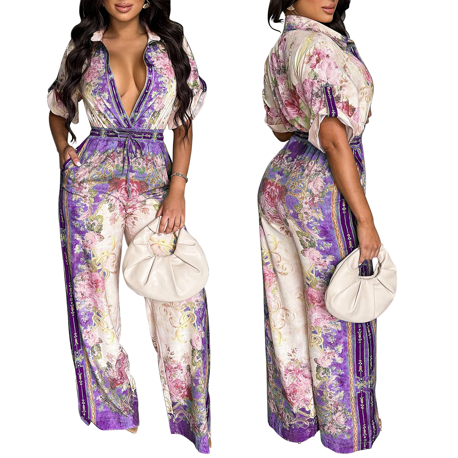 Women‘s Elegant Retro Jumpsuits Casual Short Sleeve Floral Print Wide Straight Pants Rompers Club Outfits view 7