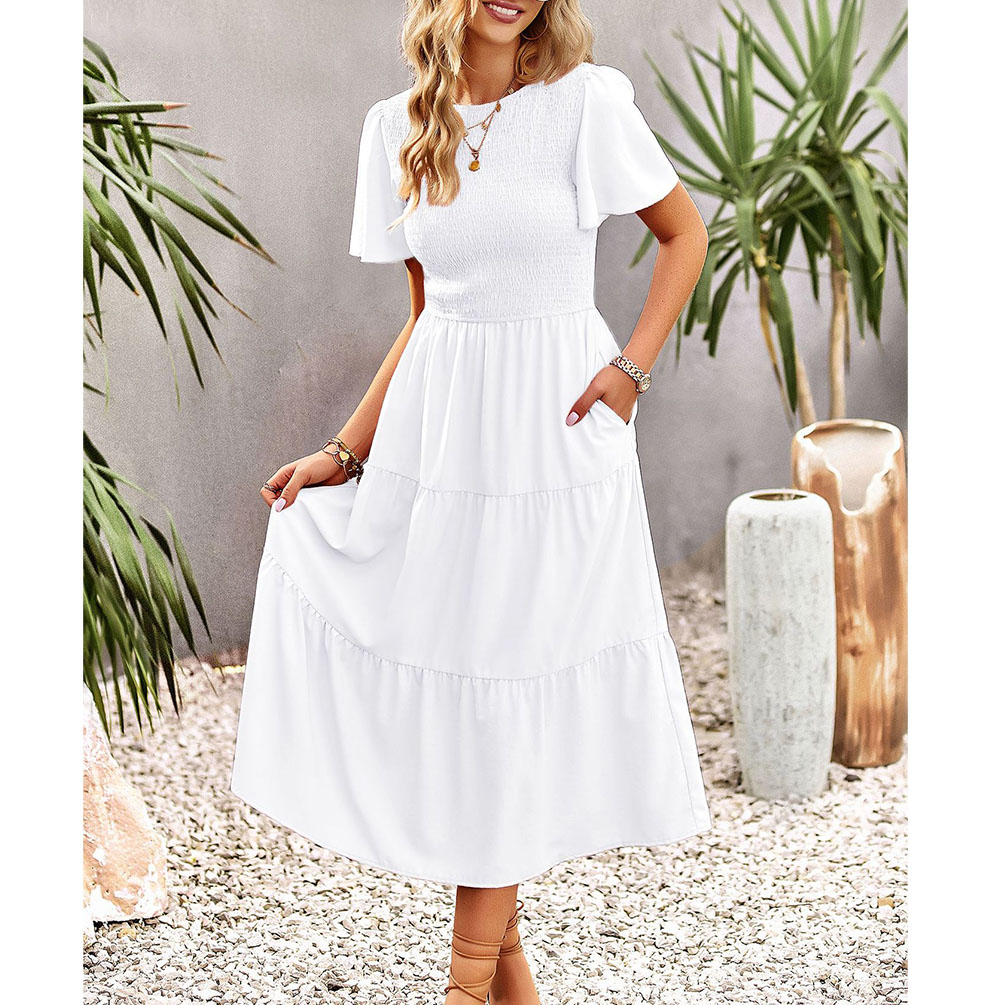 Women's Summer Flutter Short Sleeve Smocked Midi Dress Summer Casual Tiered A-Line Dress view 3