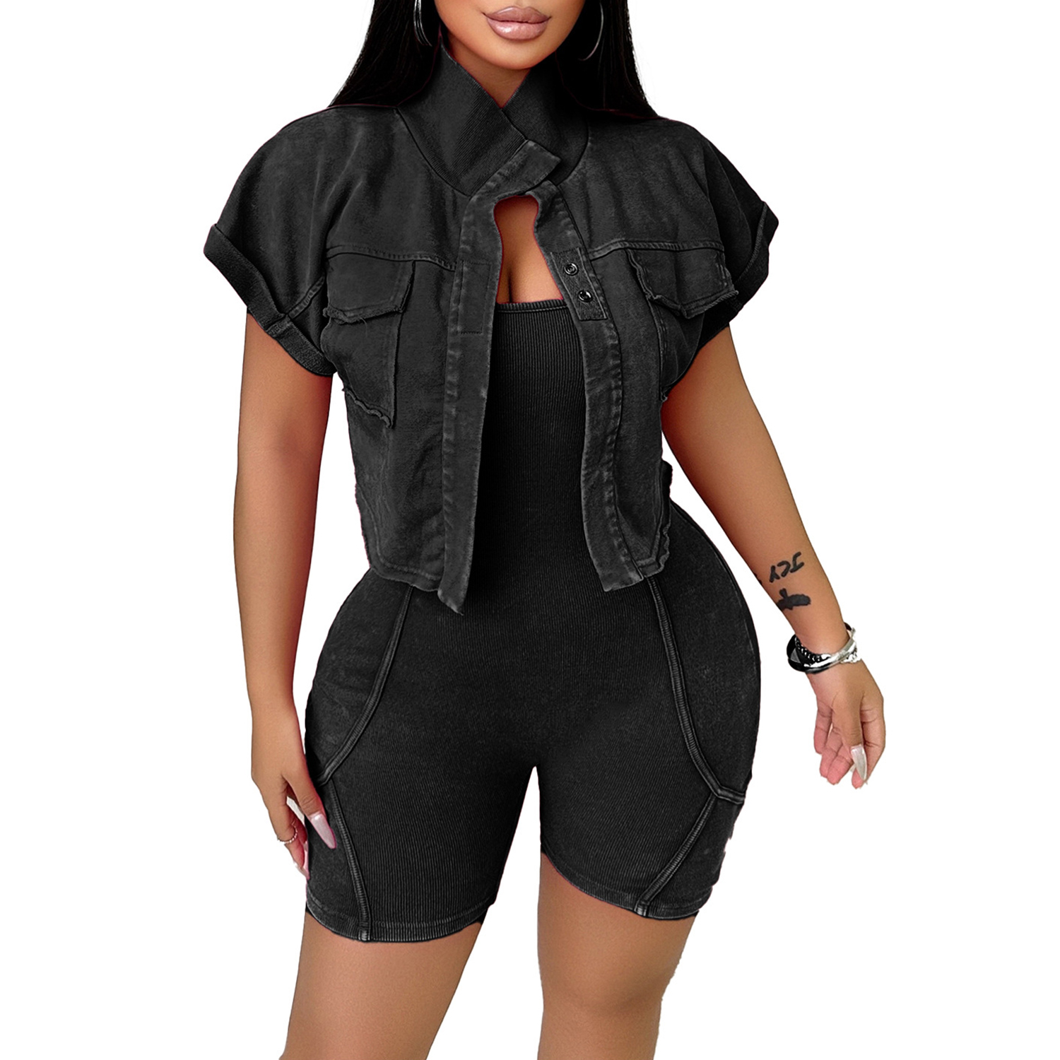 Women's Casual 2 Piece Outfits Short Sleeve Cardigan Top Bodycon Tank One Piece Jumpsuits Shorts Set