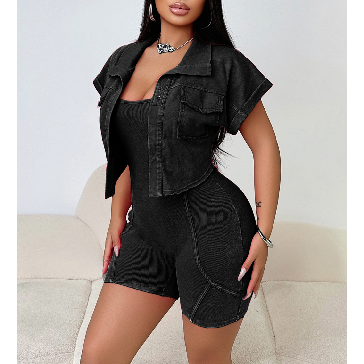 Women's Casual 2 Piece Outfits Short Sleeve Cardigan Top Bodycon Tank One Piece Jumpsuits Shorts Set view 5