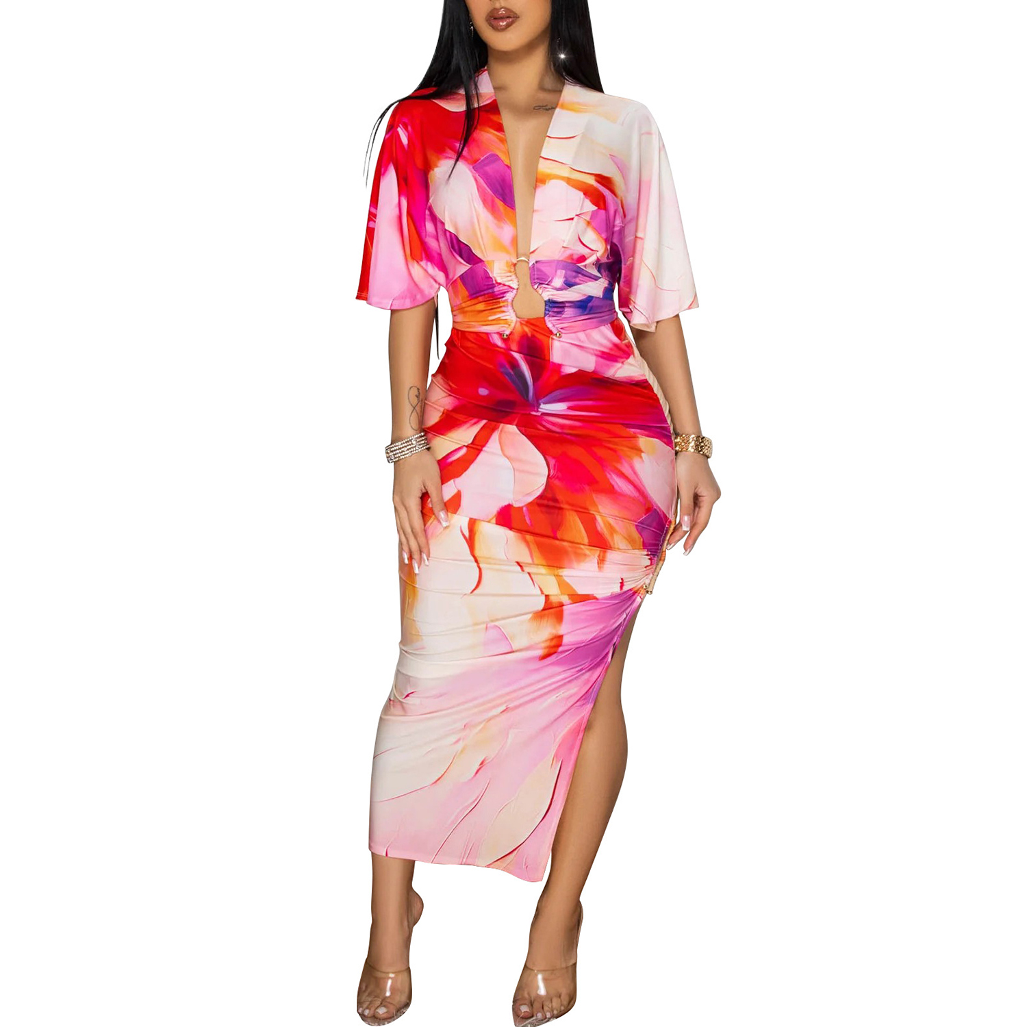 Women's Summer 2 Piece Sets Floral Kimono Sleeve Crop Top and Bodycon Slit Midi Skirt Set Vacation Outfits view 4