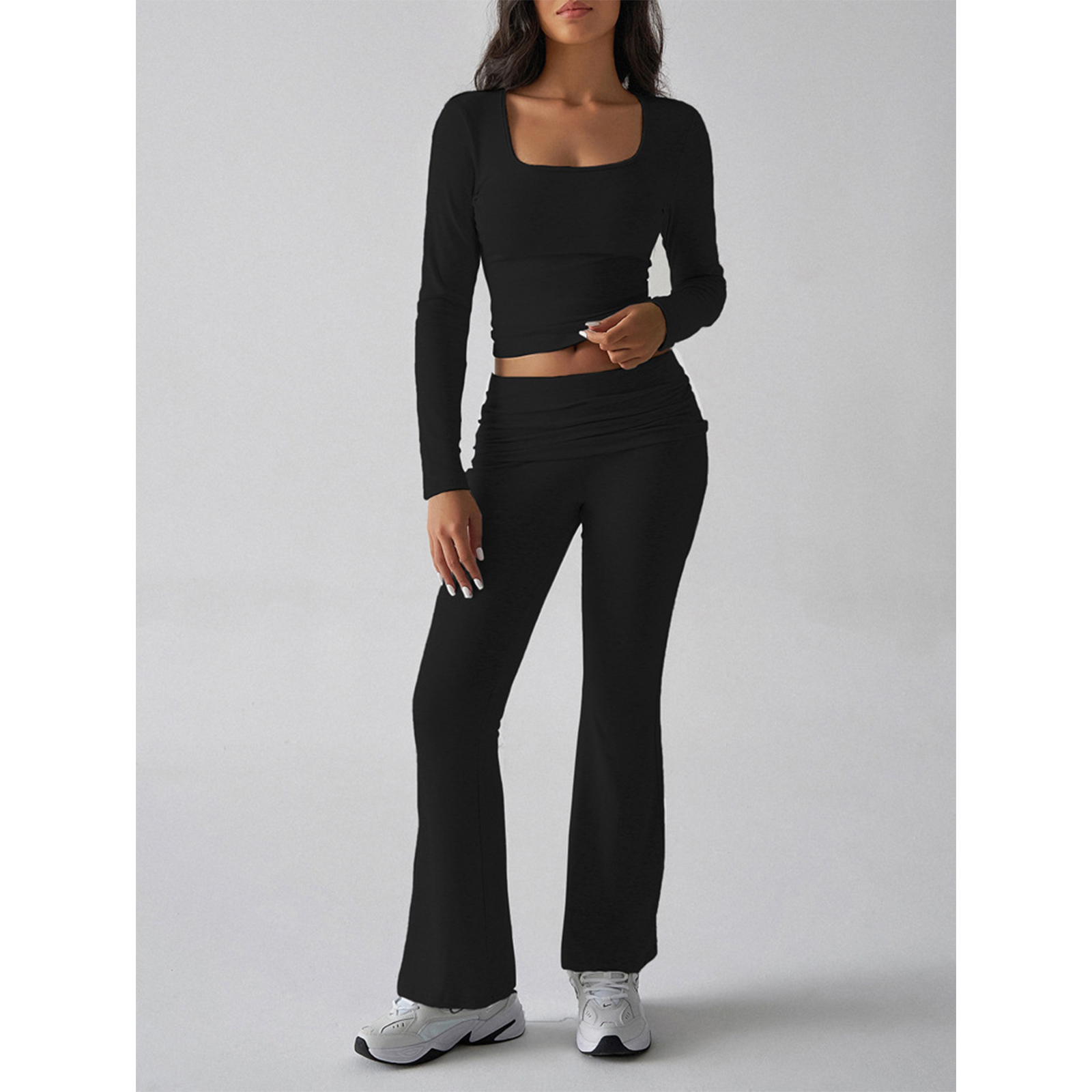 Womens 2 Piece Outfits Foldover Flare Pants Long Sleeve Crew Neck T-shirt Fitted Tracksuit Sets view 7